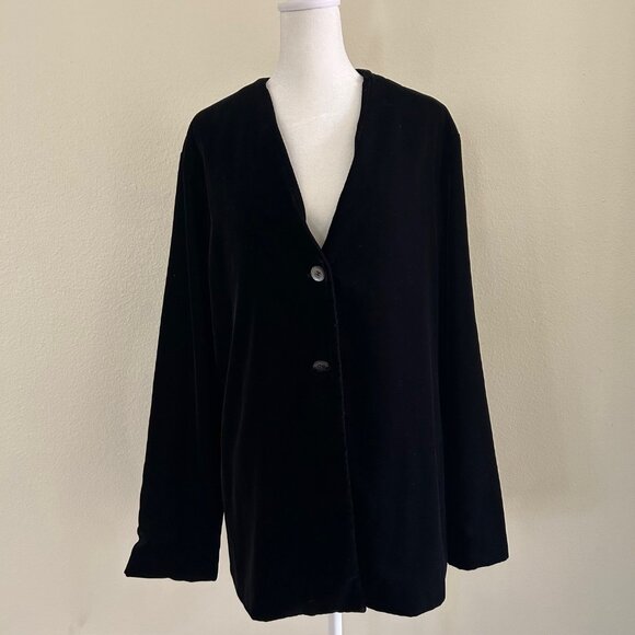 Liz Claiborne Liz Sport Blazer Black Velvet Flat Front Coat Jacket 2 Button SZXL - Picture 1 of 8